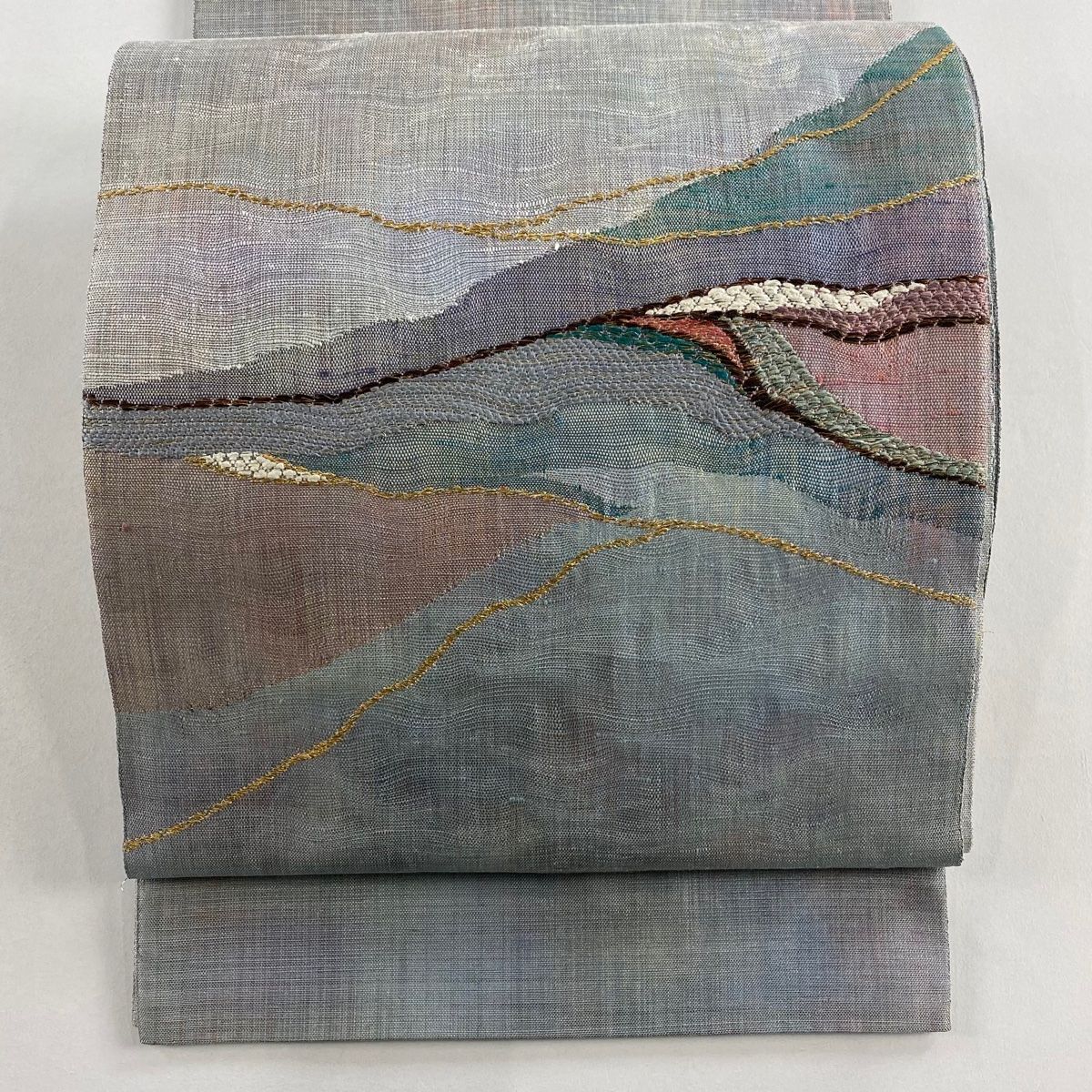 袋帯 秀品 幾何学 波 金糸 箔 青灰色 お太鼓柄 正絹