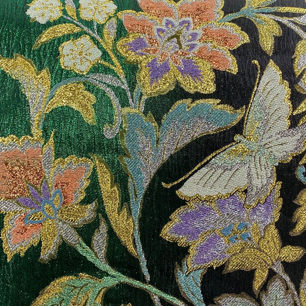 袋帯 秀品 振袖向き 草花 蝶 箔 緑 六通 正絹