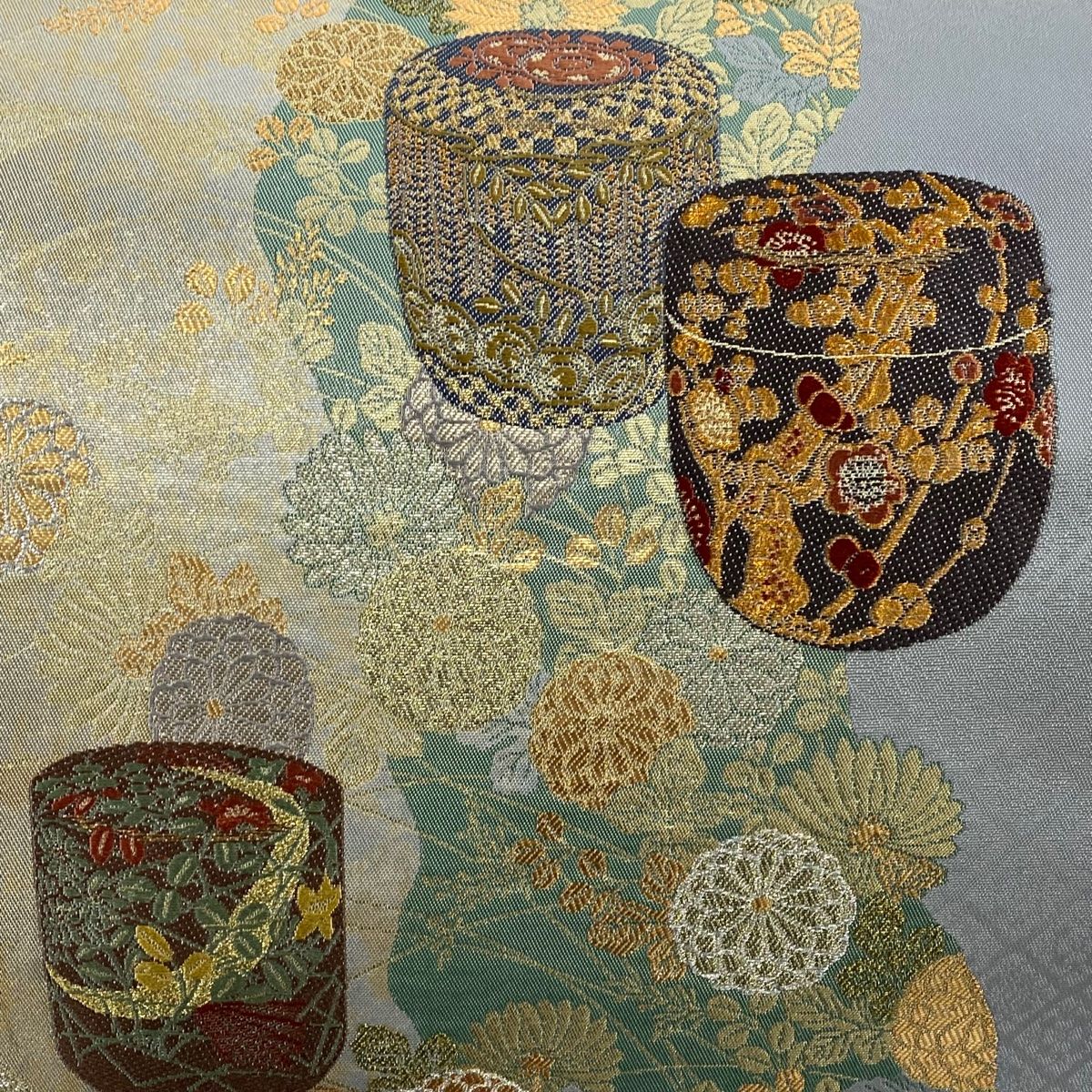 袋帯 秀品 鈴乃屋 秋草 茶筒 金銀糸 箔 灰色 お太鼓柄 正絹