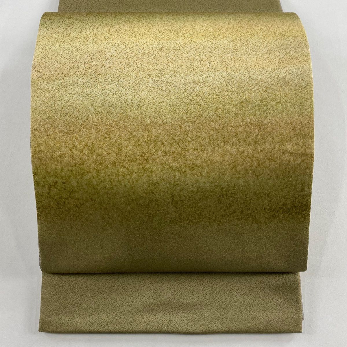 袋帯 秀品 霞 幾何学 茶緑色 お太鼓柄 正絹