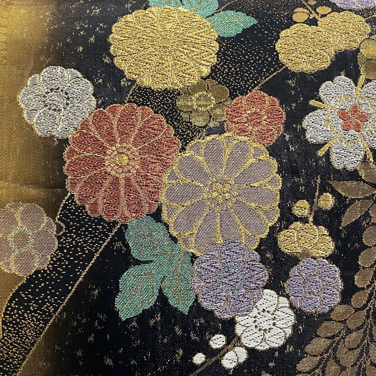袋帯 秀品 振袖向き 桜 菊 金銀糸 箔 黒 六通 正絹