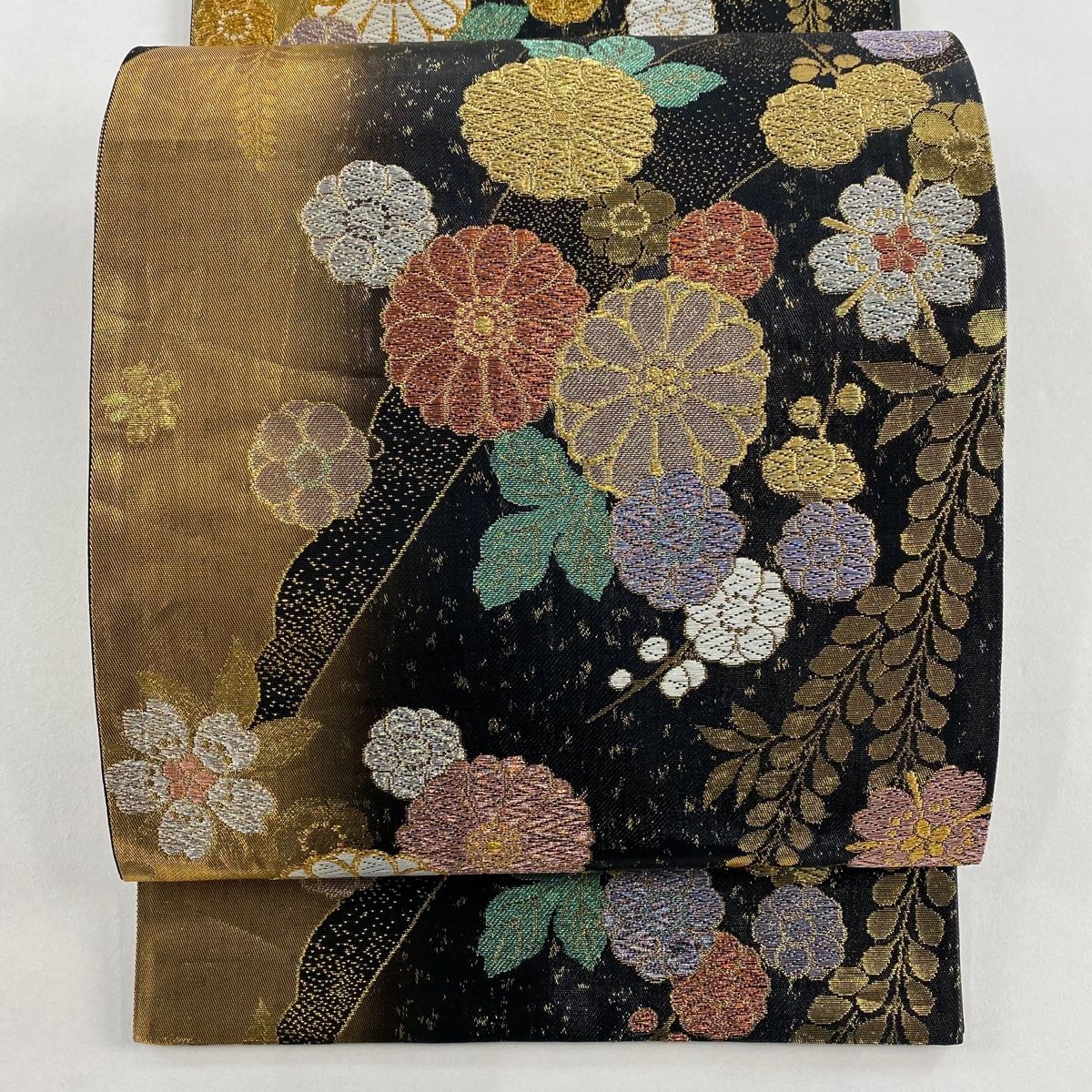 袋帯 秀品 振袖向き 桜 菊 金銀糸 箔 黒 六通 正絹