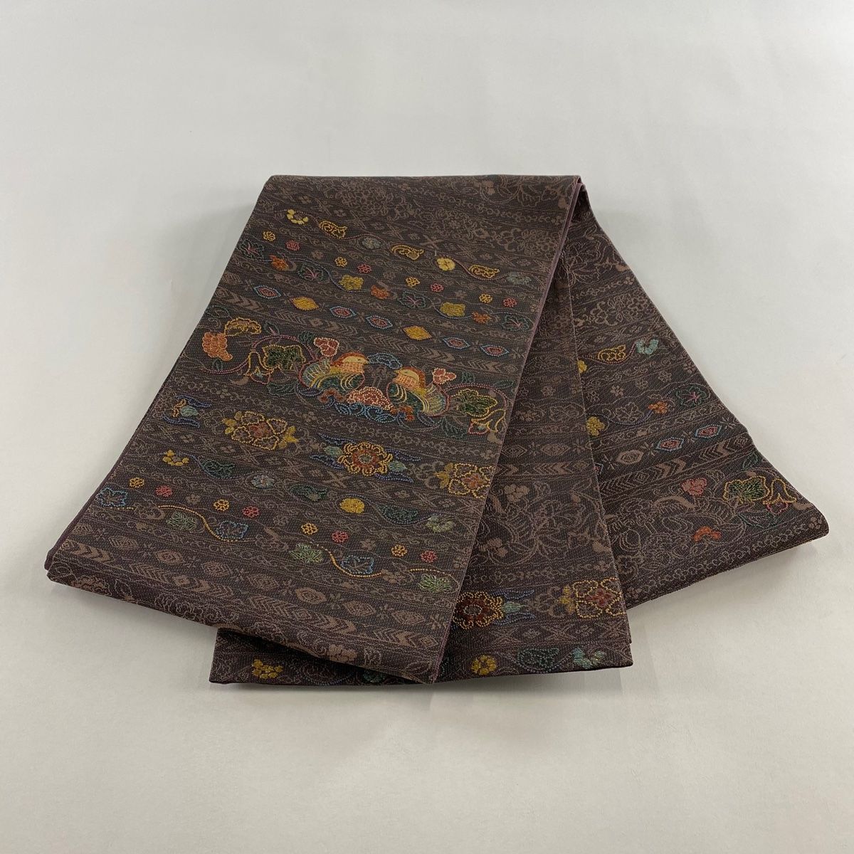  袋帯 秀品 向鳥 草花 箔 刺繍 灰紫 お太鼓柄 正絹 袋帯 帯