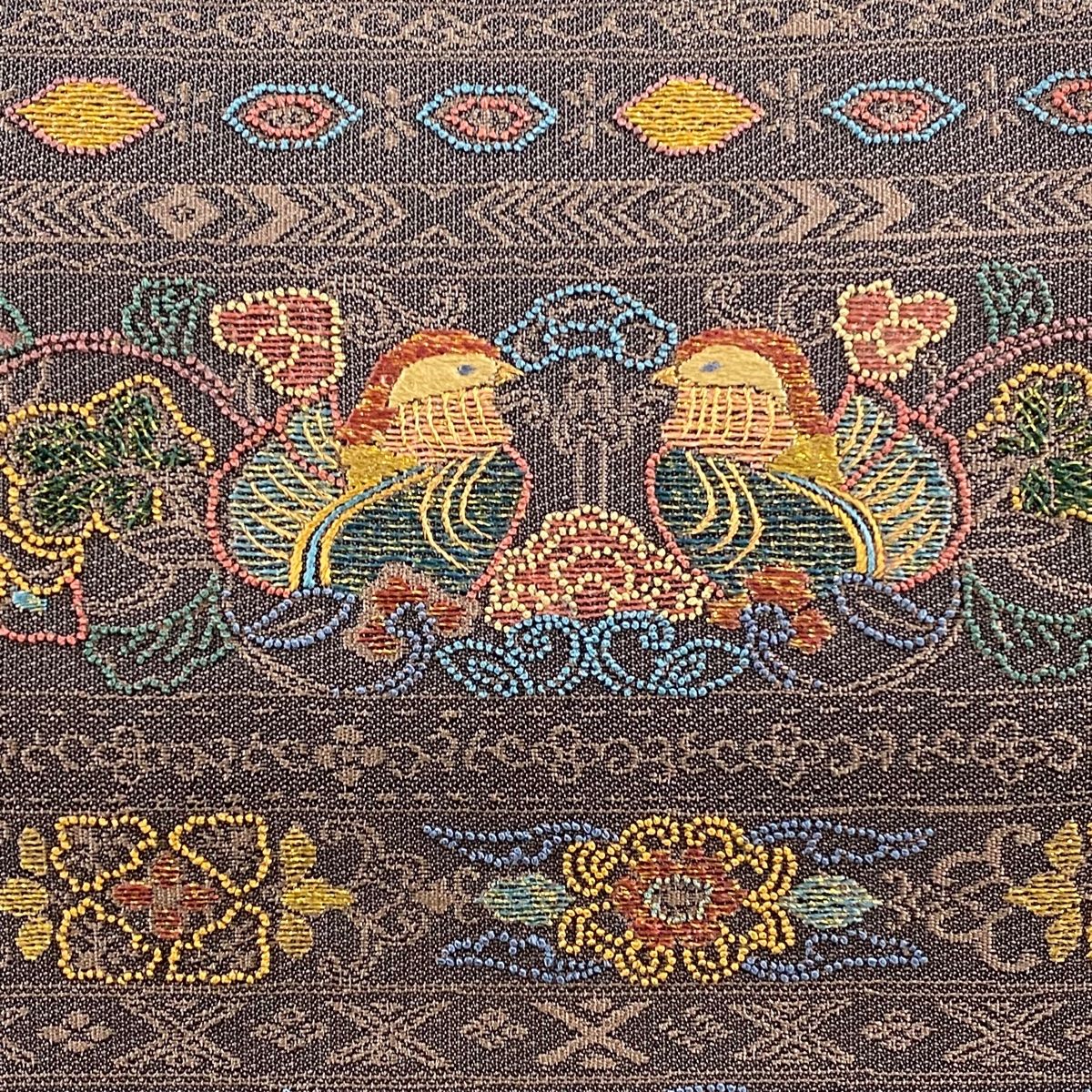 袋帯 秀品 向鳥 草花 箔 刺繍 灰紫 お太鼓柄 正絹