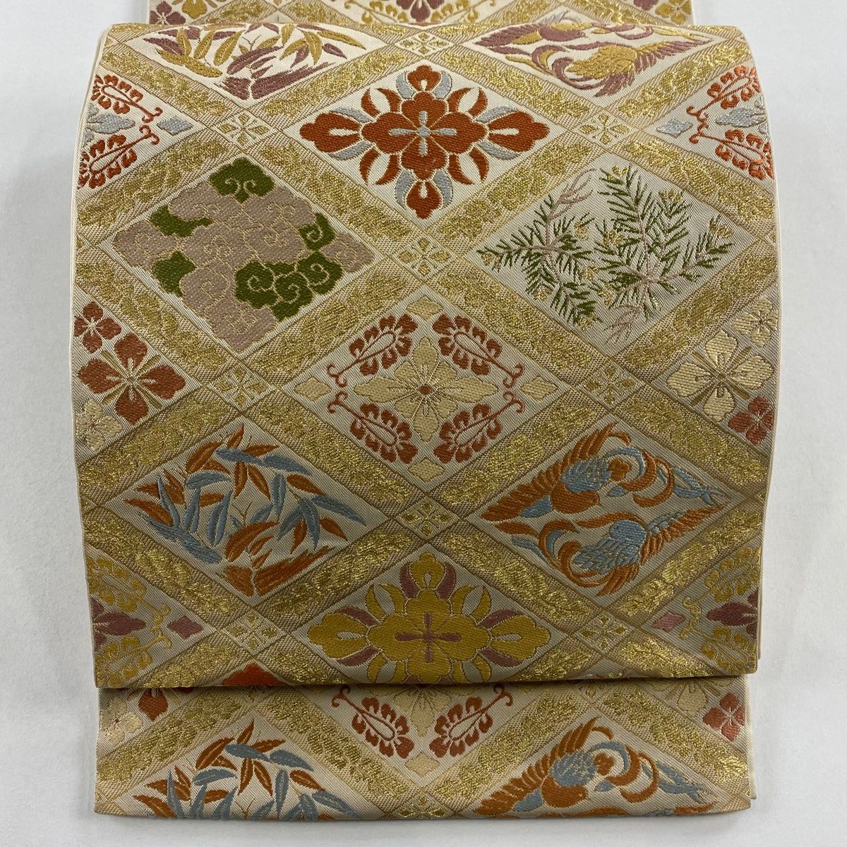 袋帯 秀品 川島織物 落款 花鳥 菱格子 金糸 ベージュ 六通 正絹