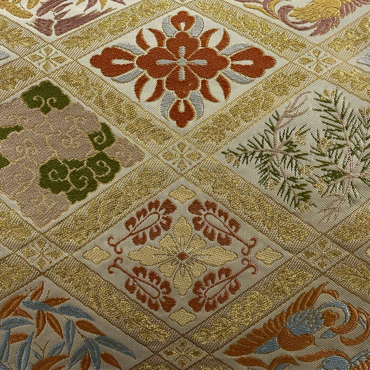 袋帯 秀品 川島織物 落款 花鳥 菱格子 金糸 ベージュ 六通 正絹