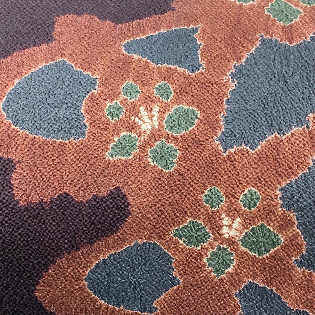 名古屋帯 秀品 幾何学 花 縮緬 茶紫 正絹