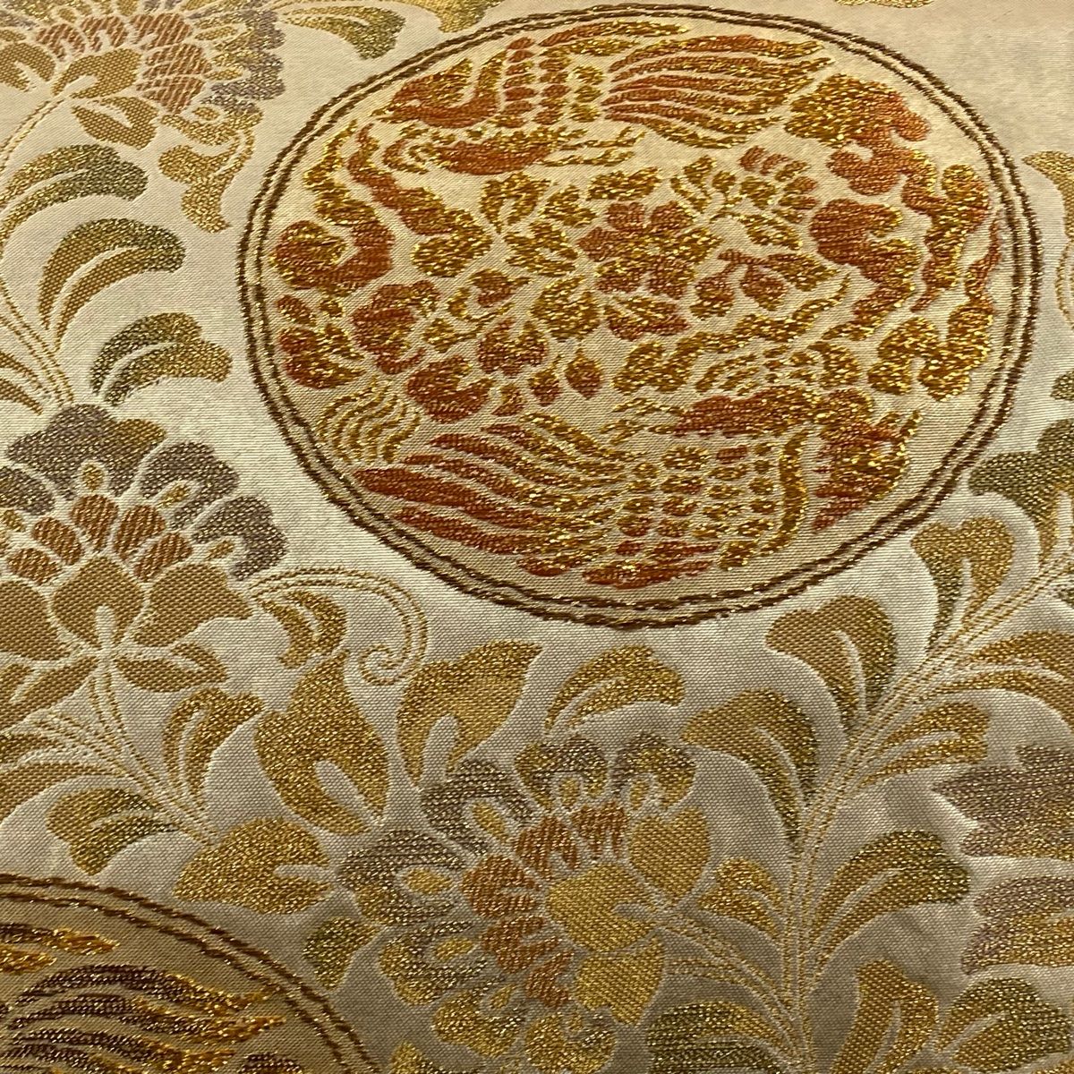 袋帯 秀品 瑞華鳳凰丸紋 金糸 箔 金色 六通 正絹