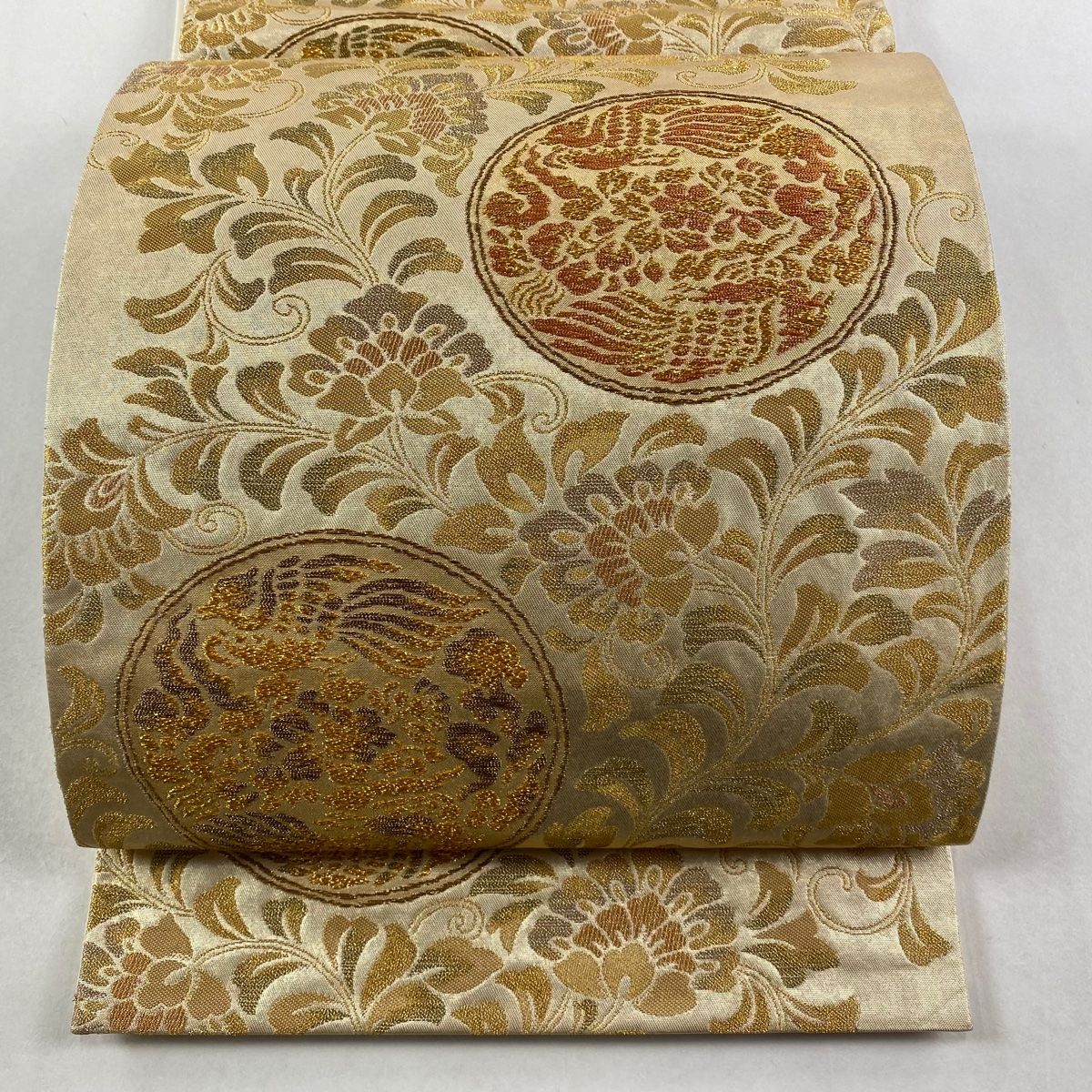 袋帯 秀品 瑞華鳳凰丸紋 金糸 箔 金色 六通 正絹