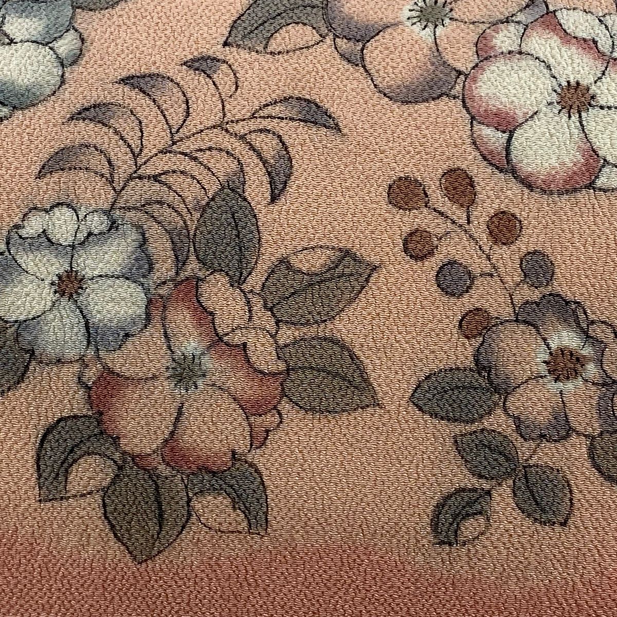 名古屋帯 秀品 ねじ梅 草花 縮緬 ピンク 正絹