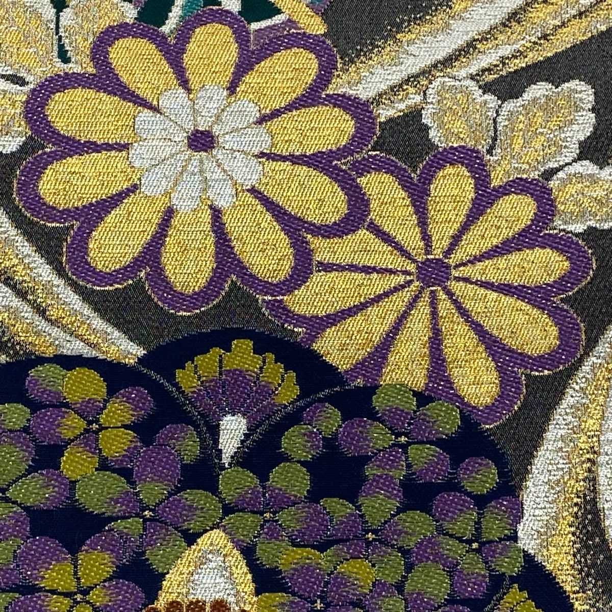 袋帯 秀品 梅 波頭 金銀糸 箔 墨色 六通 正絹