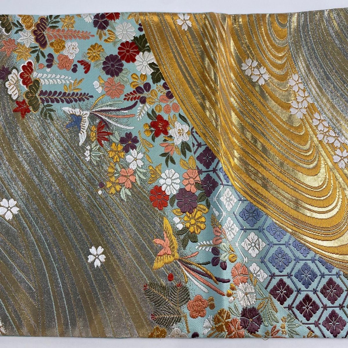  袋帯 秀品 草花 花菱 刺繍 箔 薄緑 六通 正絹 袋帯 帯