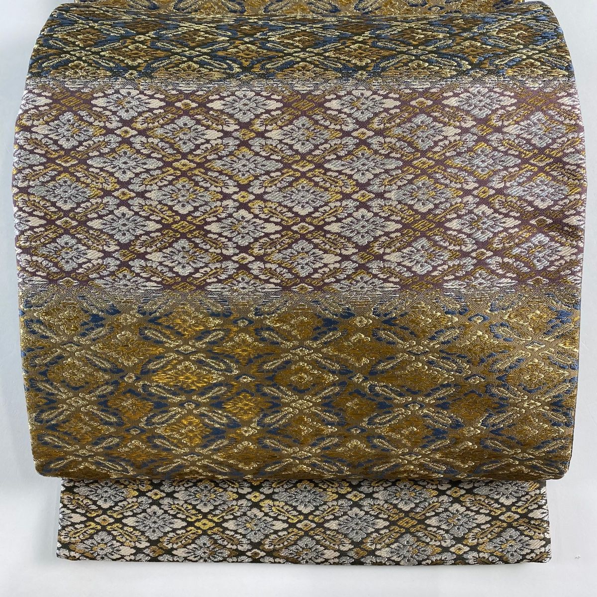 袋帯 秀品 証紙 花菱 葉柄 金糸 箔 灰緑 六通 正絹