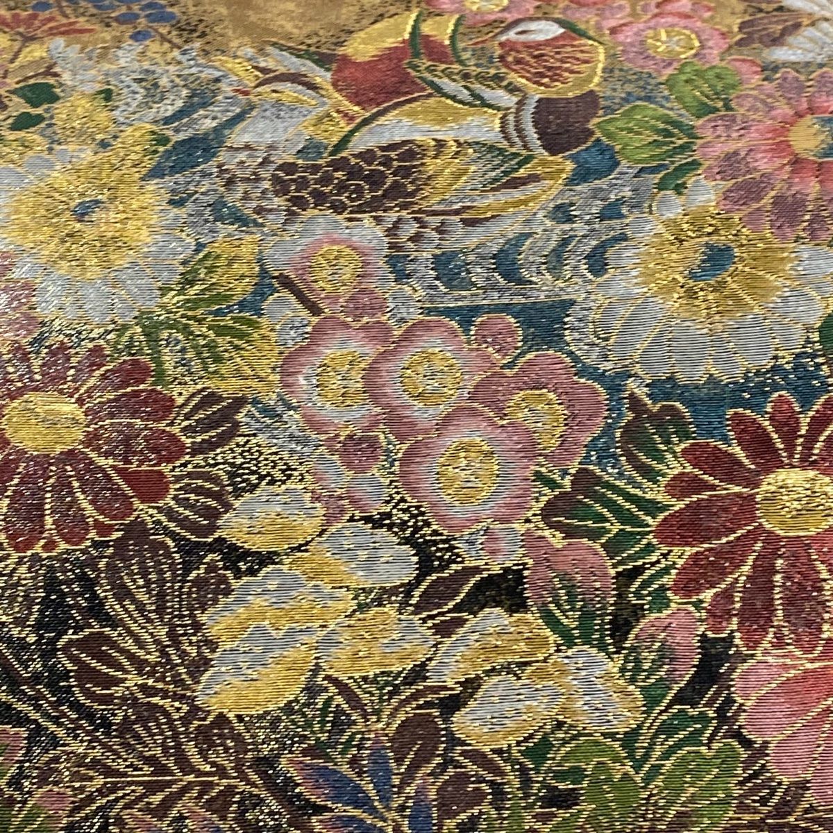 袋帯 秀品 鴛鴦 松梅 金糸 箔 銀色 六通 正絹