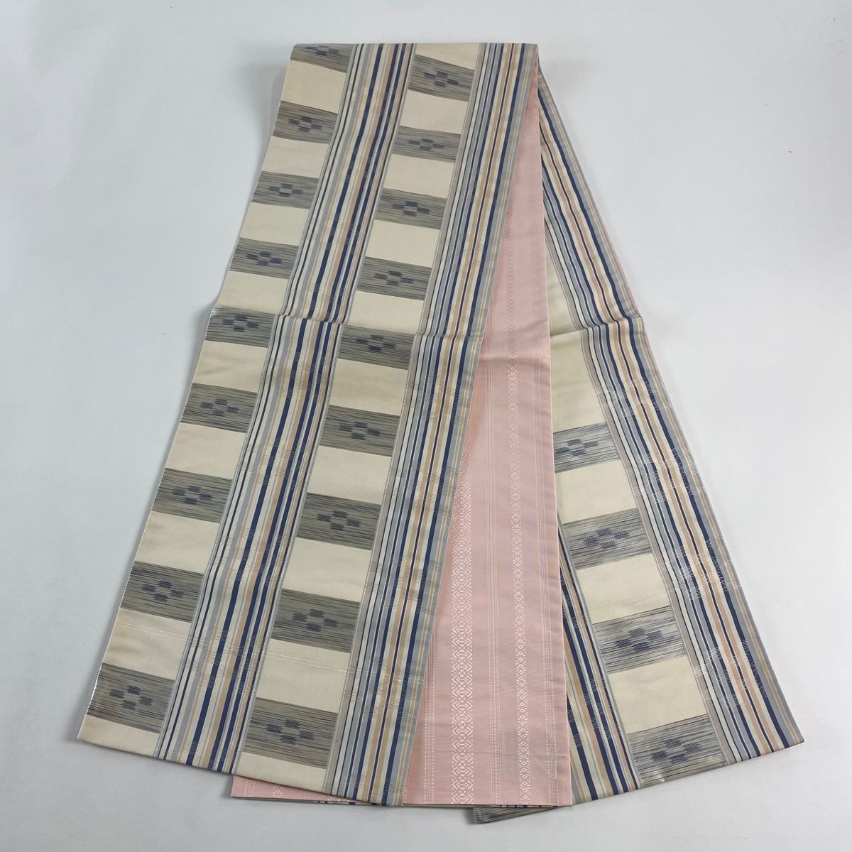  袋名古屋帯 秀品 縞 幾何学 クリーム 正絹 名古屋帯 帯