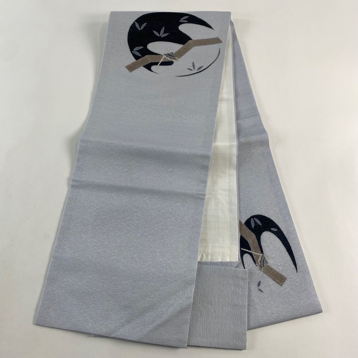  名古屋帯 秀品 松葉仕立て 笠 葉柄 銀彩 青灰色 正絹 名古屋帯 帯