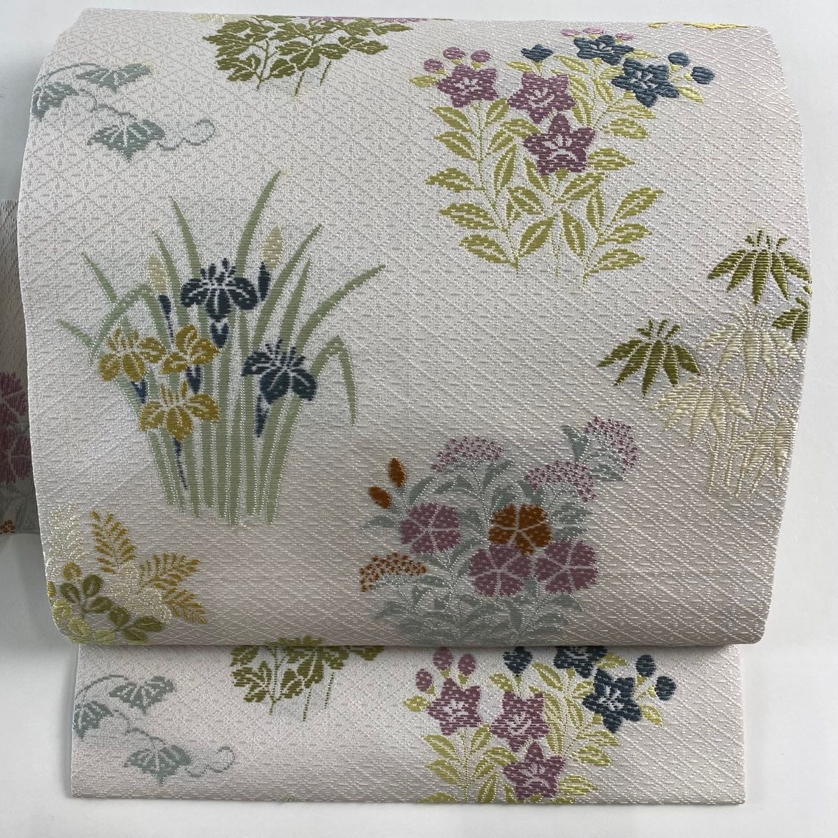 名古屋帯 秀品 秋草 笹 唐織 ベージュ 正絹