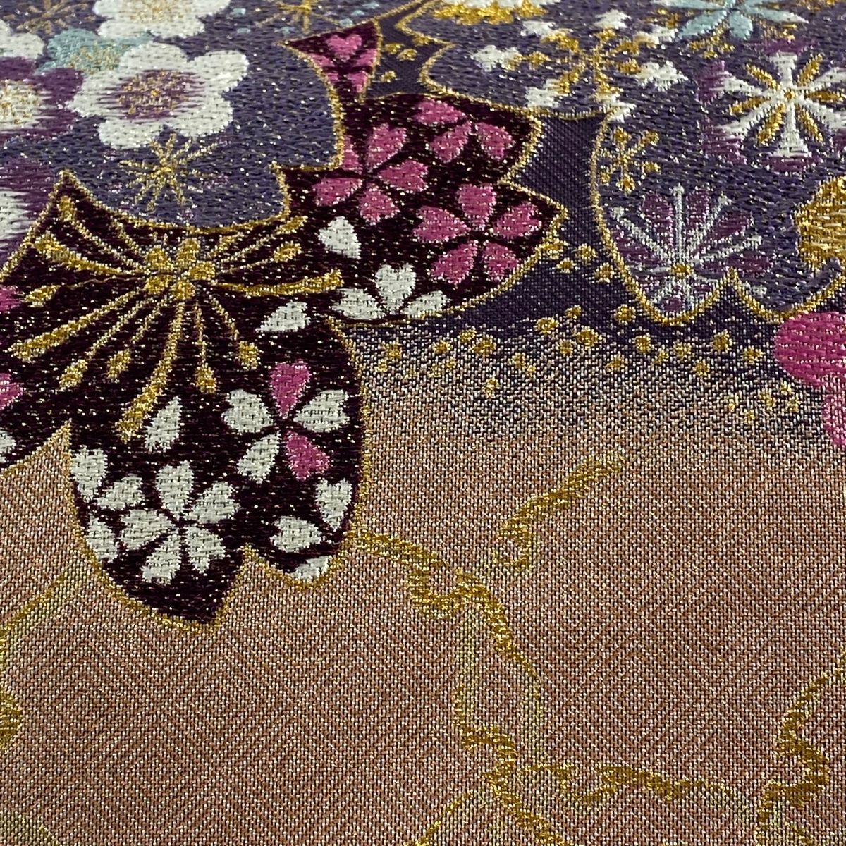 袋帯 秀品 やまと 桜 雪輪 箔 ピンクベージュ 六通 正絹