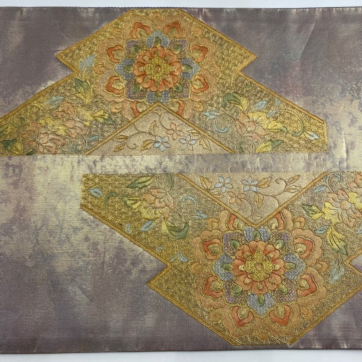  袋帯 秀品 華文 七宝 刺繍 金銀彩 灰紫 お太鼓柄 正絹 袋帯 帯