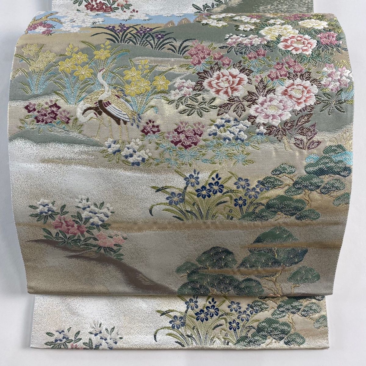 袋帯 秀品 風景 花鳥 箔 唐織 灰緑 六通 正絹