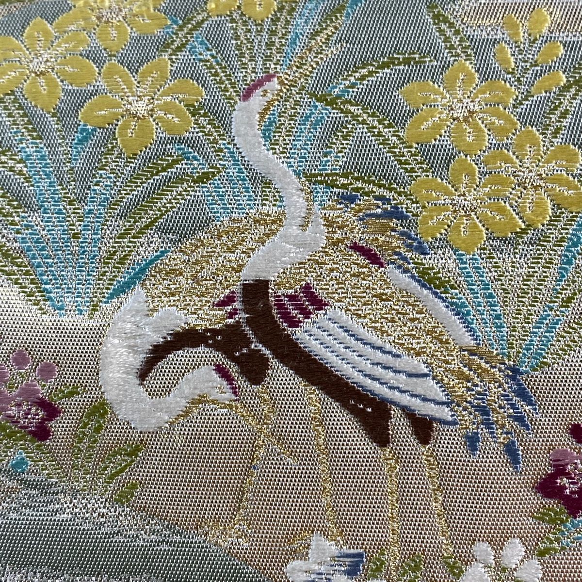 袋帯 秀品 風景 花鳥 箔 唐織 灰緑 六通 正絹