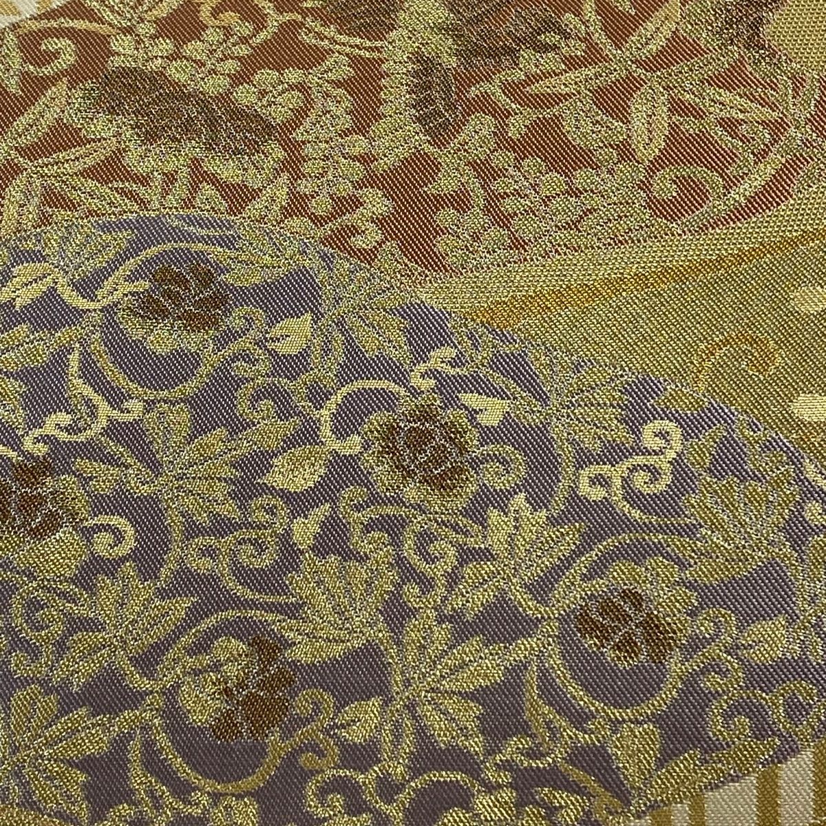 袋帯 秀品 花鳥 竹 箔 ベージュ 六通 正絹