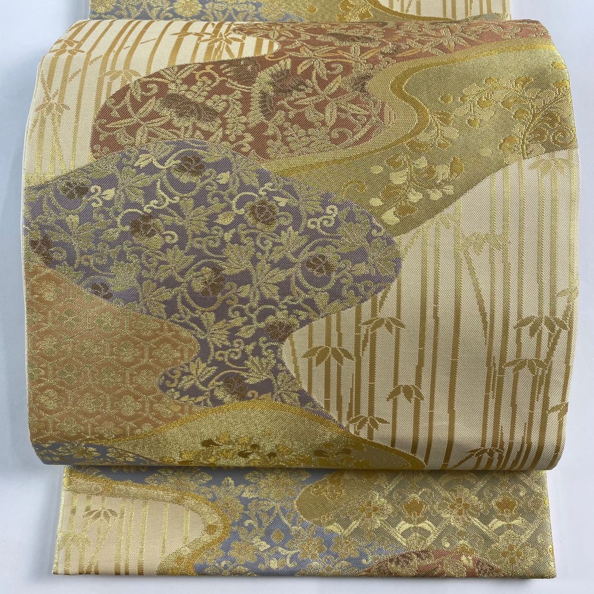 袋帯 秀品 花鳥 竹 箔 ベージュ 六通 正絹