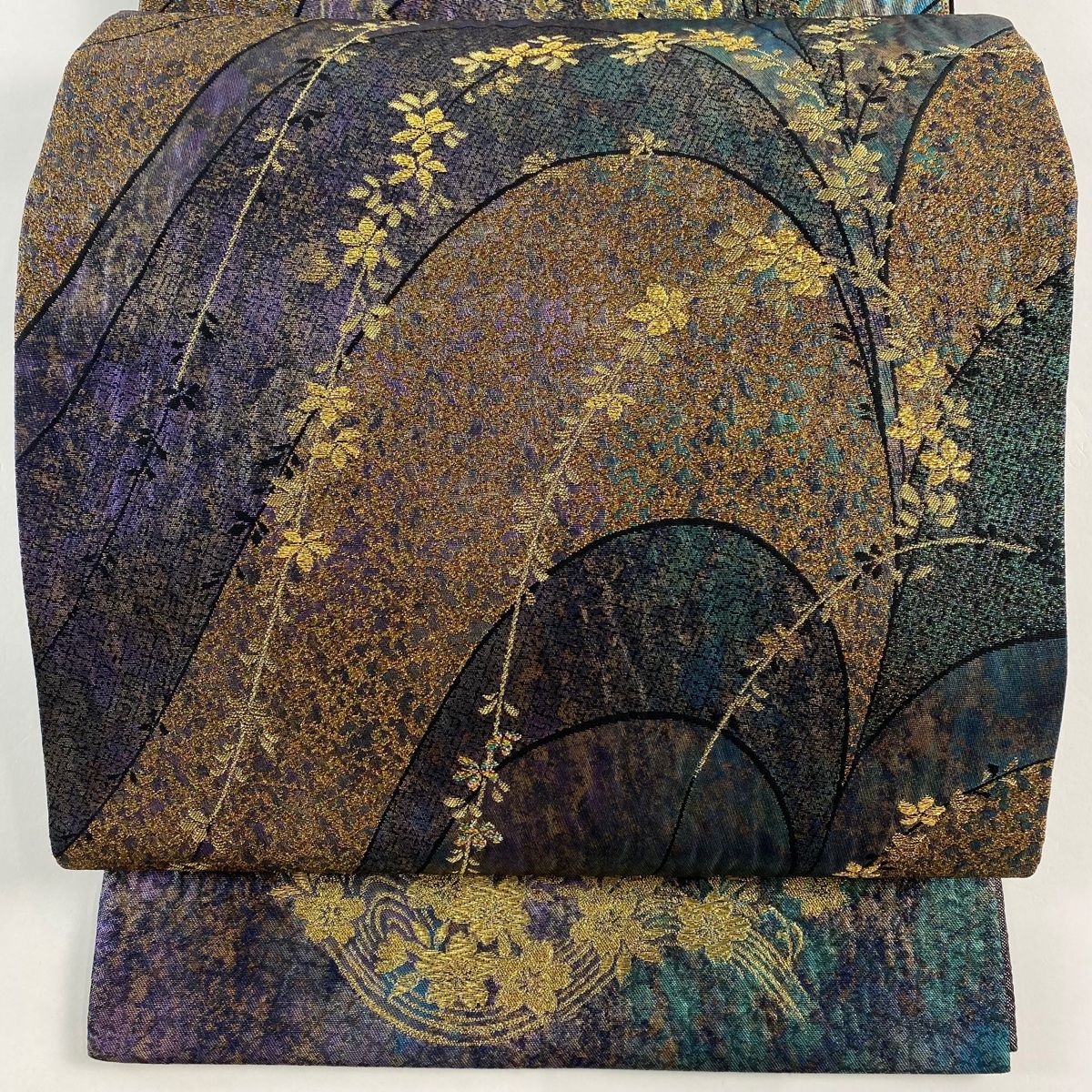 袋帯 秀品 枝花 幾何学模様 箔 深緑 六通 正絹