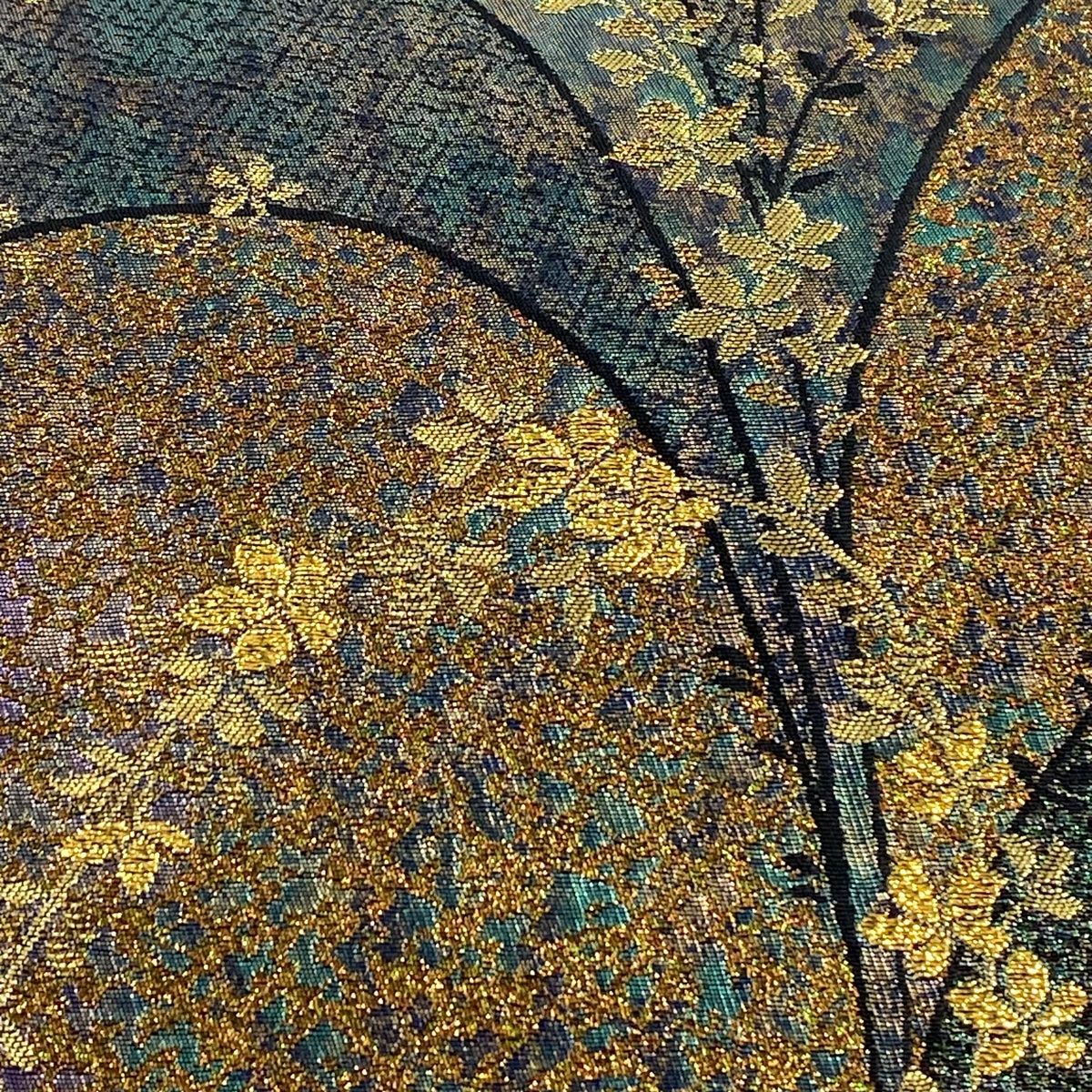 袋帯 秀品 枝花 幾何学模様 箔 深緑 六通 正絹