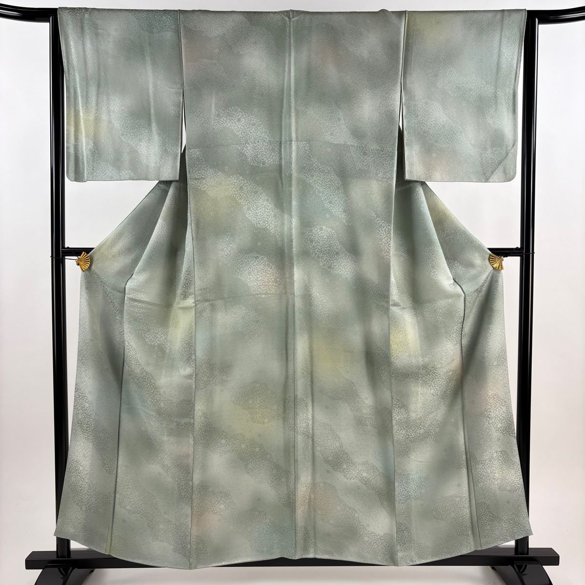 小紋 身丈158 cm 裄丈65.5 M 袷 地紋 道長取り ぼかし 灰緑 正絹 秀品