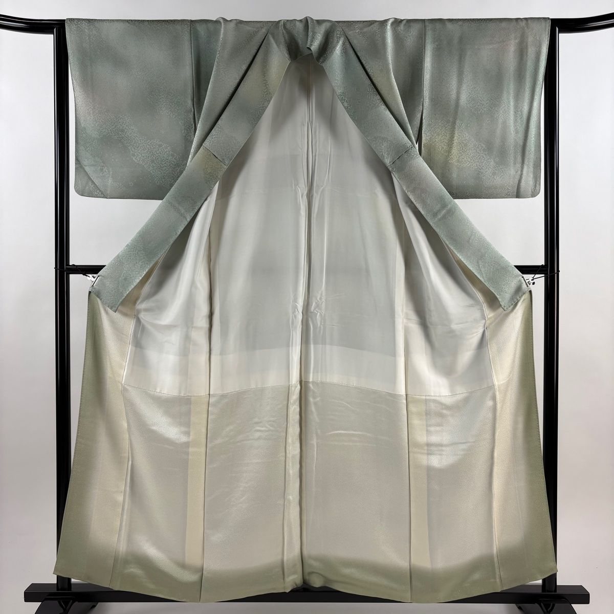  小紋 身丈158 cm 裄丈65 5 M 袷 地紋 道長取り ぼかし 灰緑 正絹 秀品 小紋 着物