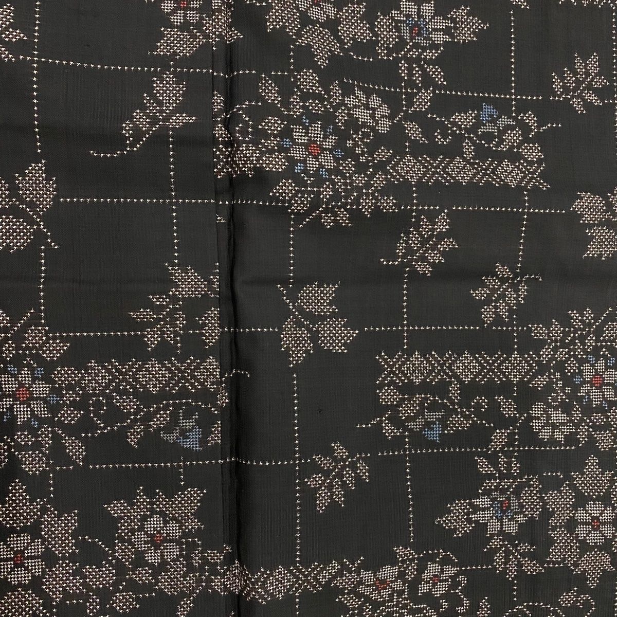 紬 身丈162cm 裄丈64cm M 袷 草花 格子 焦茶色 正絹 秀品 【中古