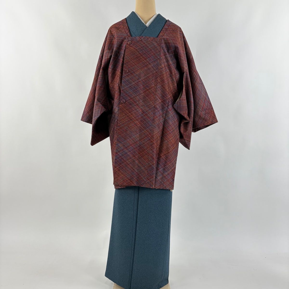 道行 身丈93 cm 裄丈67 M 和装コート 角衿 斜め格子 赤茶 正絹 秀品