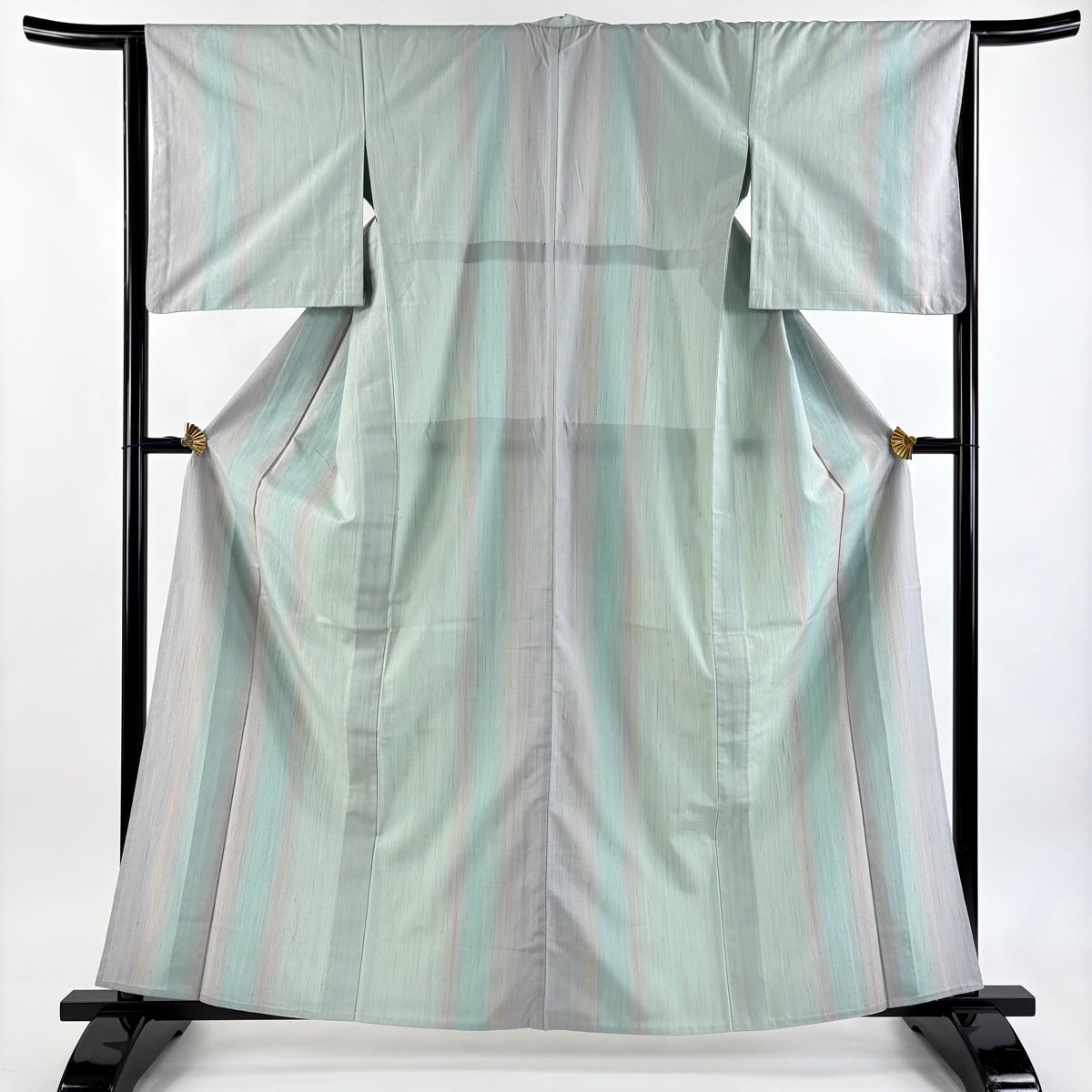 紬 身丈160.5 cm 裄丈64.5 M 単衣 縦縞 薄緑 正絹 秀品