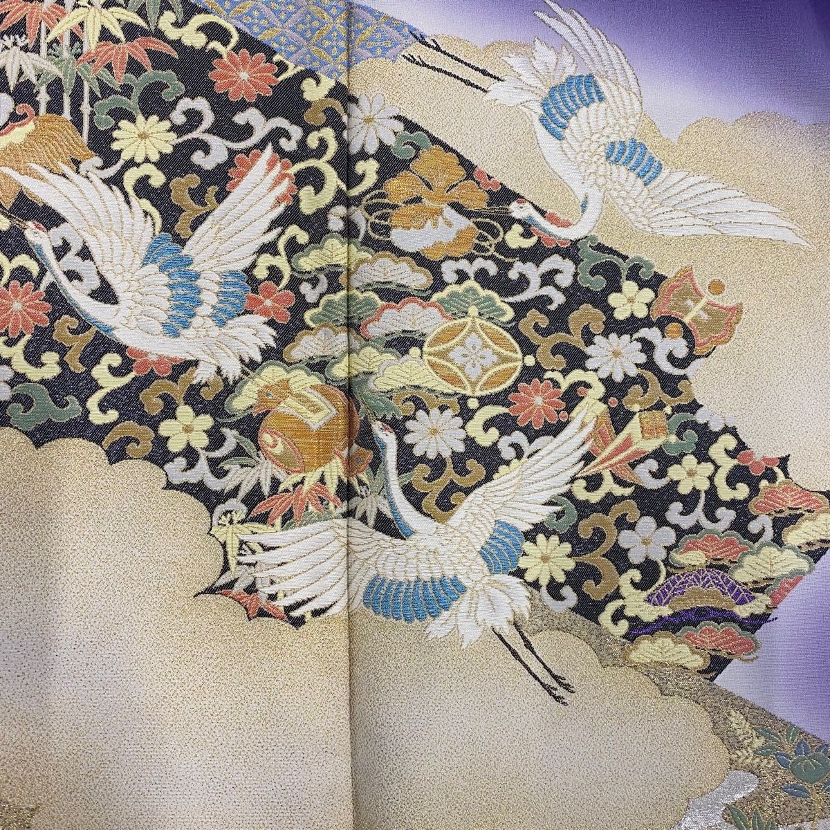 寿光織 色留袖＊袷着物 長尺トールサイズ 源氏 背紋有 灰青 正絹 25H42 色留袖 身丈162.5cm 裄丈67cm M 袷 寿光織 落款 宝尽くし 鶴 金糸 紫