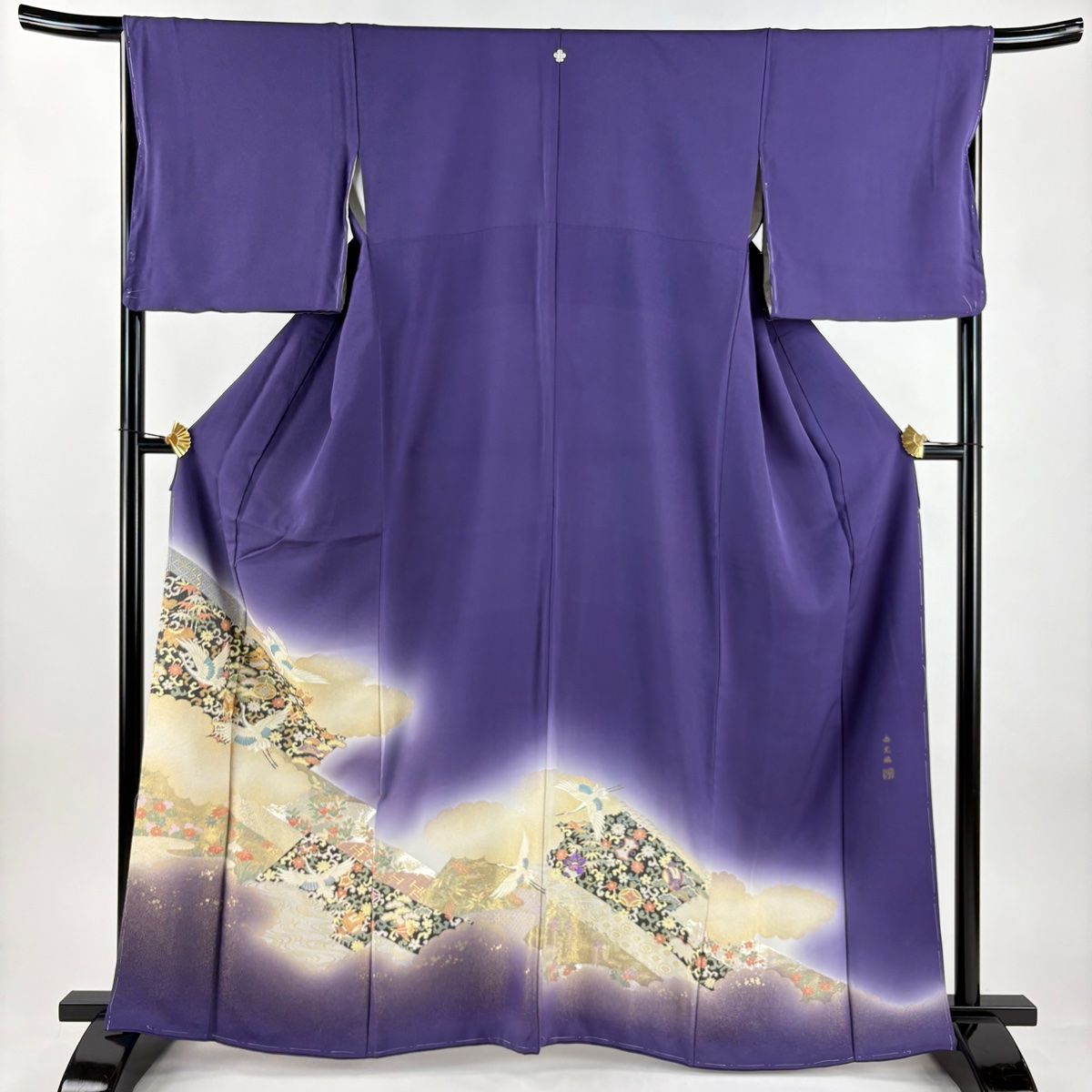 色留袖 身丈162.5cm 裄丈67cm M 袷 寿光織 落款 宝尽くし 鶴 金糸 紫