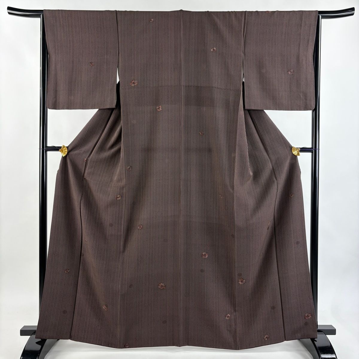 小紋 身丈165 cm 裄丈65 M 袷 伊と幸 落款 縦縞 花 焦茶色 正絹 秀品