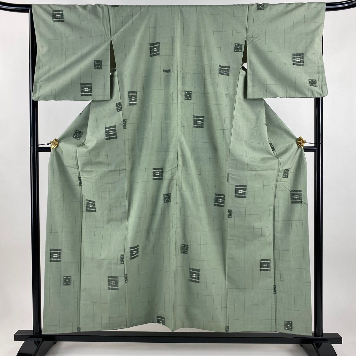 紬 身丈155 cm 裄丈66 M 袷 越後絣 格子 幾何学 灰緑 正絹 秀品