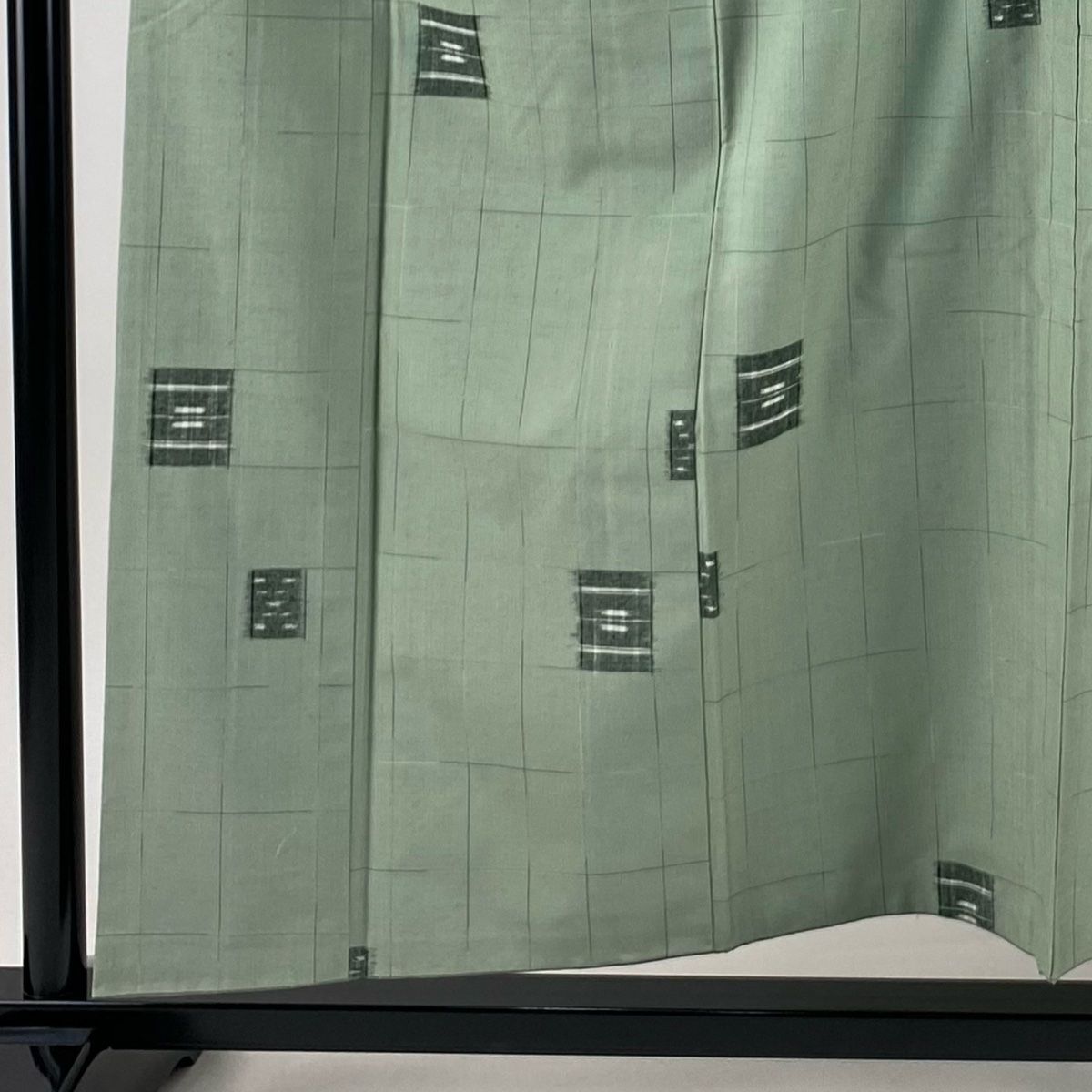 紬 身丈155 cm 裄丈66 M 袷 越後絣 格子 幾何学 灰緑 正絹 秀品