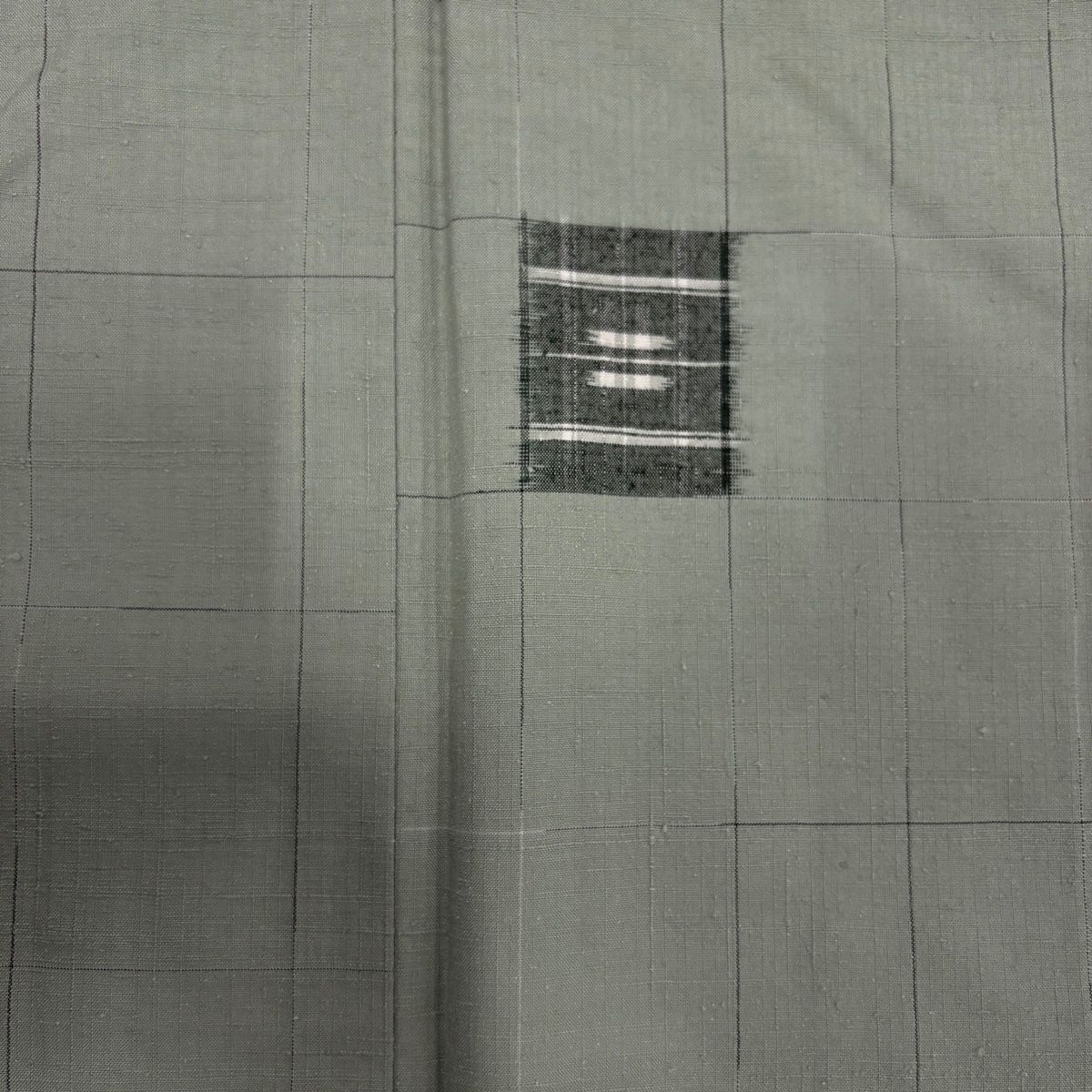  紬 身丈155 cm 裄丈66 M 袷 越後絣 格子 幾何学 灰緑 正絹 秀品 紬 着物