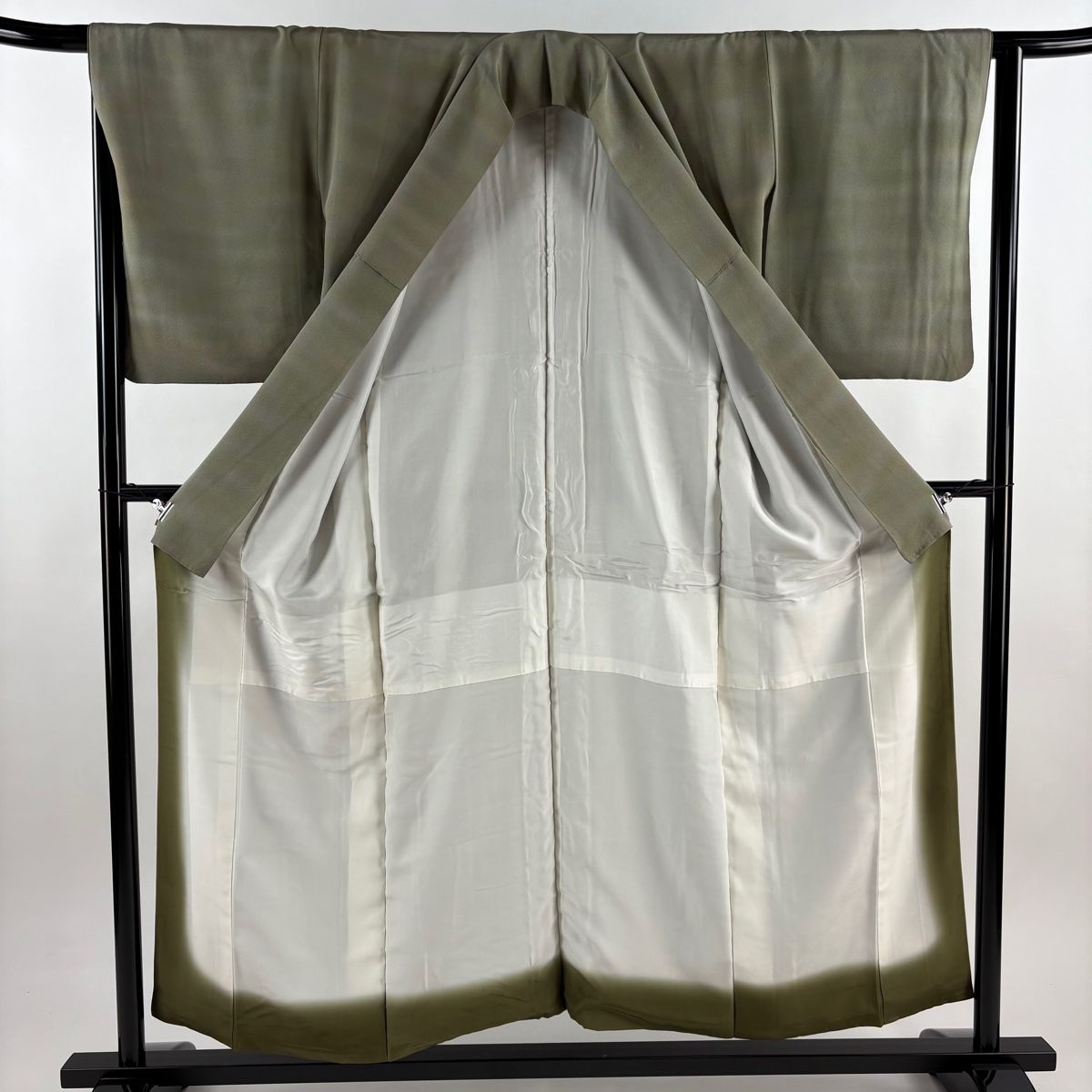  小紋 身丈154 cm 裄丈64 M 袷 本郷大田子 大田子そめ 落款 ぼかし柄 灰緑 正絹 秀品 小紋 着物