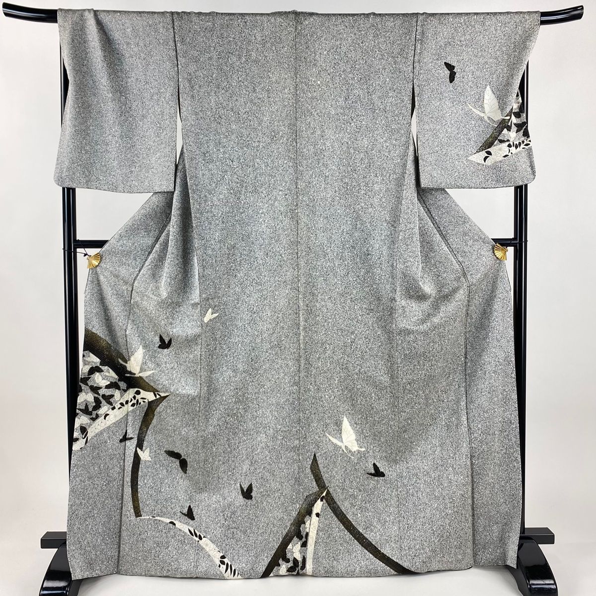 訪問着 身丈169cm 裄丈69cm L 袷 蝶 草花 金銀彩 黒灰 正絹 秀品