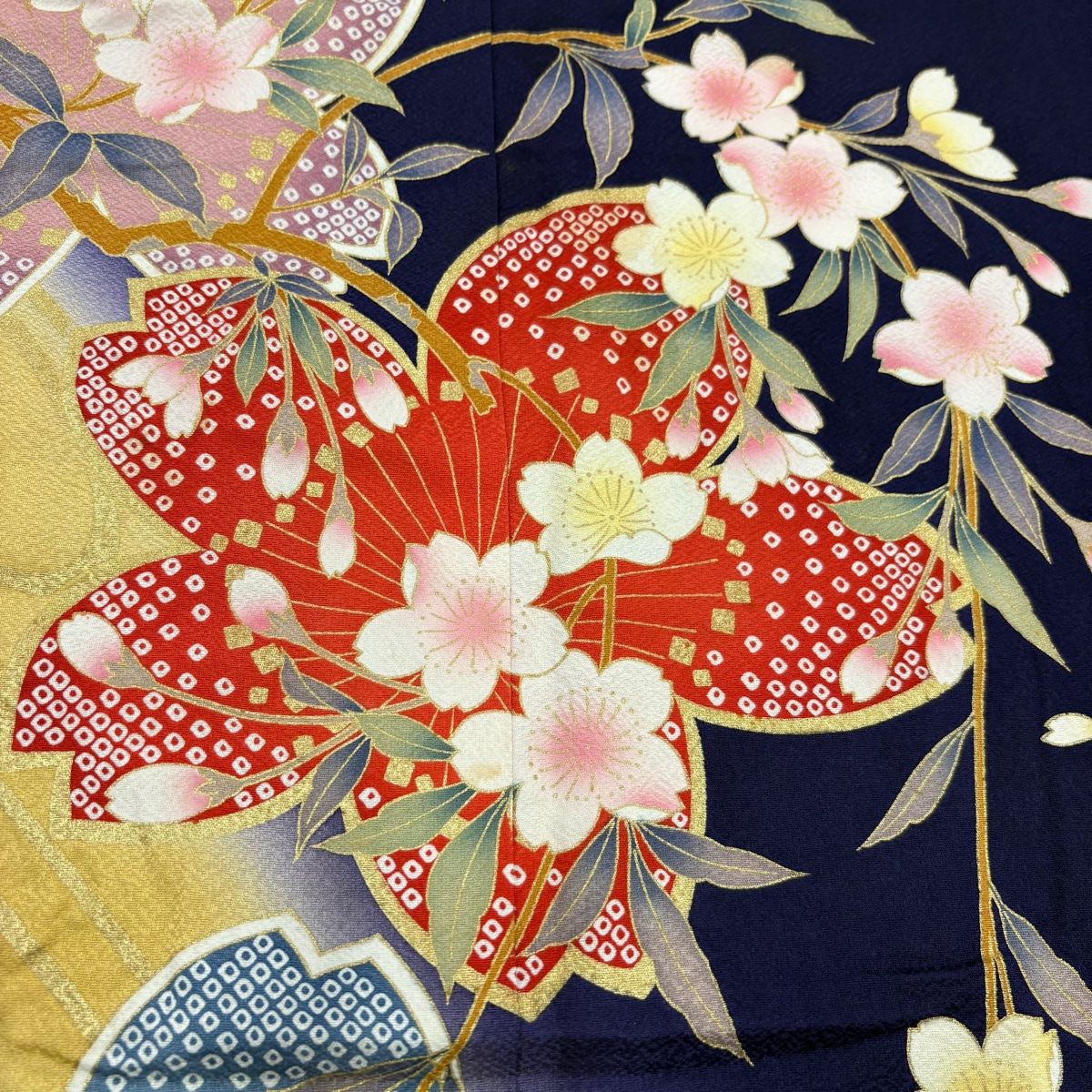 振袖 身丈166cm 裄丈67.5cm L 袷 桜 流水 金彩 ぼかし 濃紫 正絹 秀品