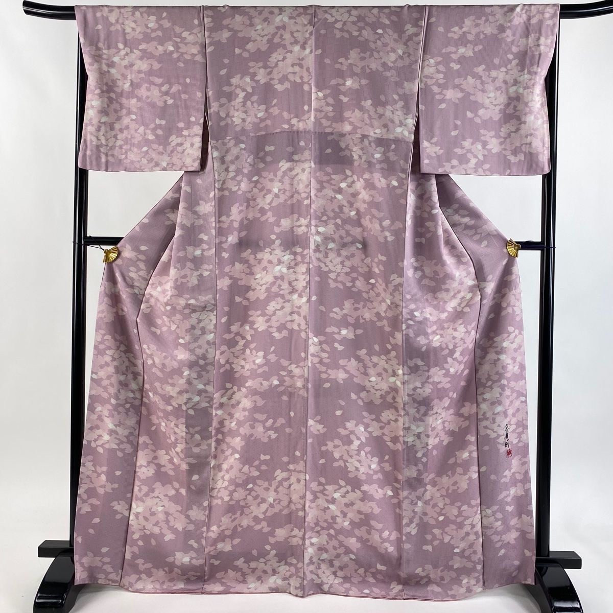 小紋 身丈169 5 cm 裄丈68 L 袷 室華風 落款 花びら 薄ピンク 正絹 秀品 プチプラ 夏コーデ