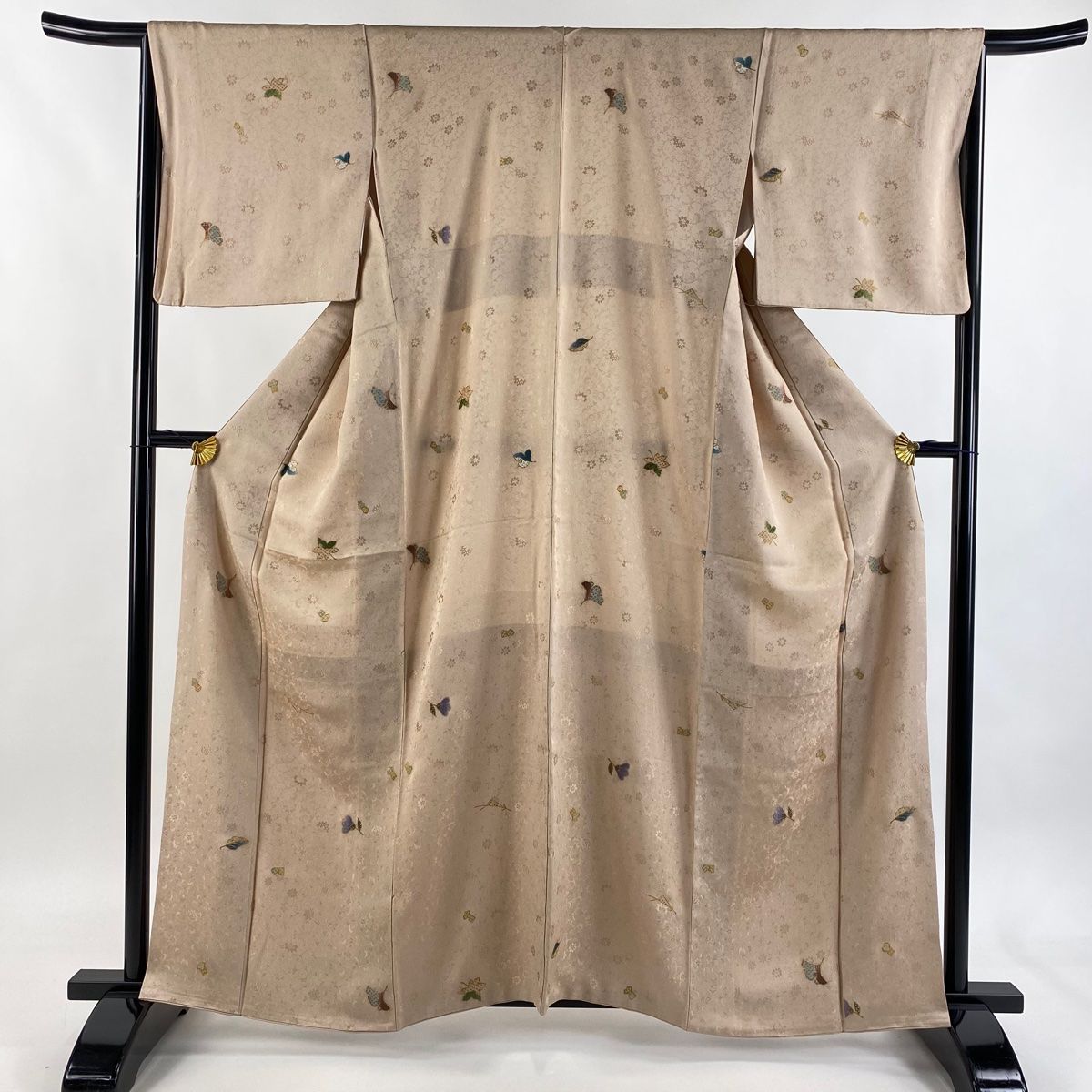 小紋 身丈161 5 cm 裄丈65 M 袷 銀杏 松葉 金糸 刺繍 ベージュ 正絹 秀品 一つ紋