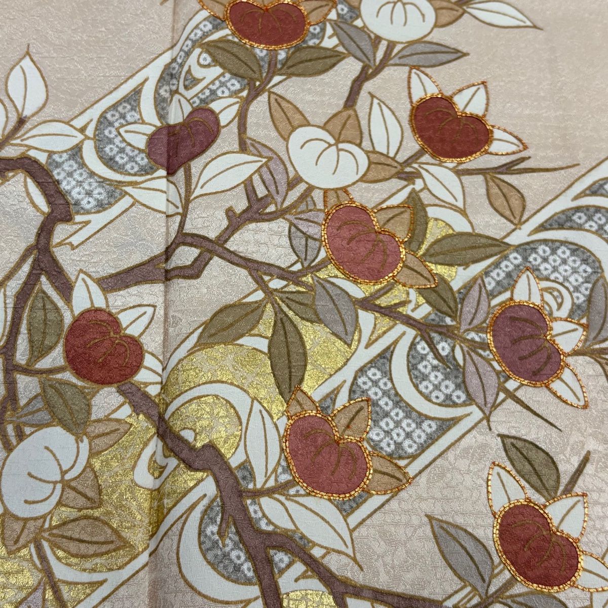 訪問着 身丈166.5cm 裄丈67cm M 袷 橘 観世水 ピンクベージュ 正絹 秀