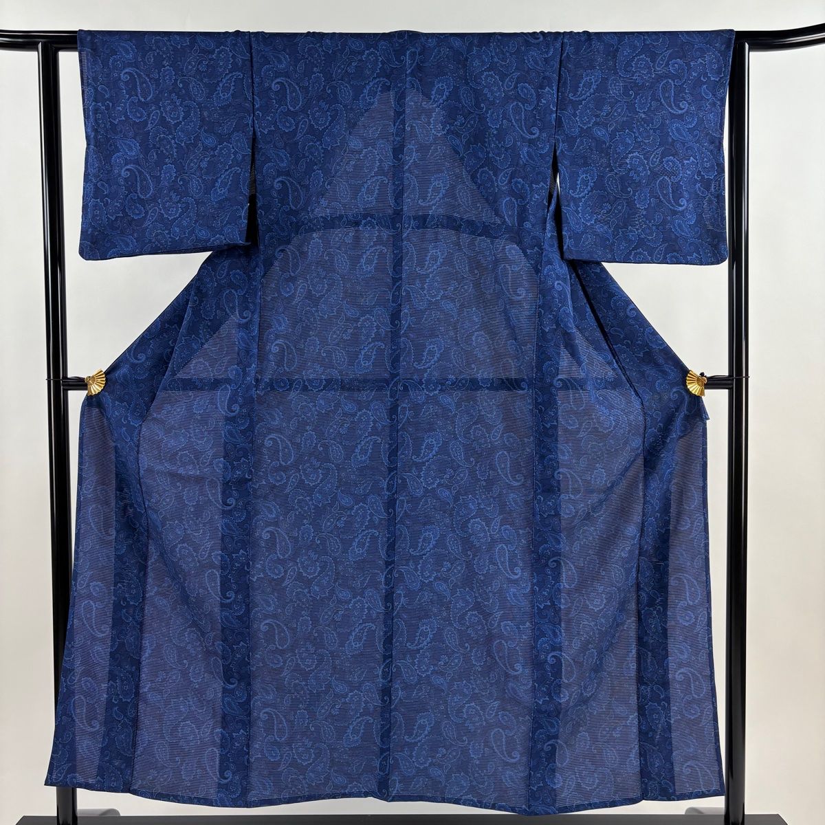 小紋 身丈153 cm 裄丈63 S 薄物 絽 ペイズリー 草花 紺色 正絹 秀品