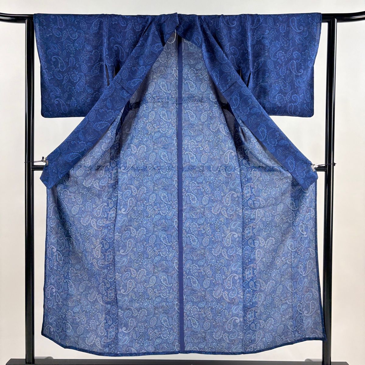  小紋 身丈153 cm 裄丈63 S 薄物 絽 ペイズリー 草花 紺色 正絹 秀品 小紋 着物