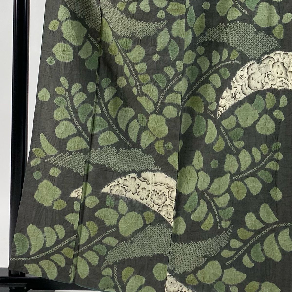 小紋 身丈160 cm 裄丈63 S 袷 辻が花柄 絞り 灰緑 正絹 秀品
