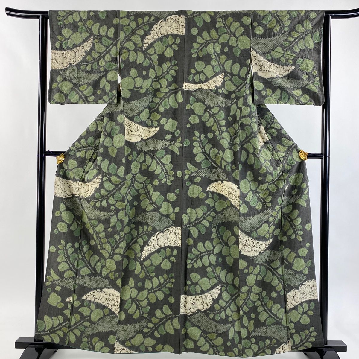 小紋 身丈160 cm 裄丈63 S 袷 辻が花柄 絞り 灰緑 正絹 秀品